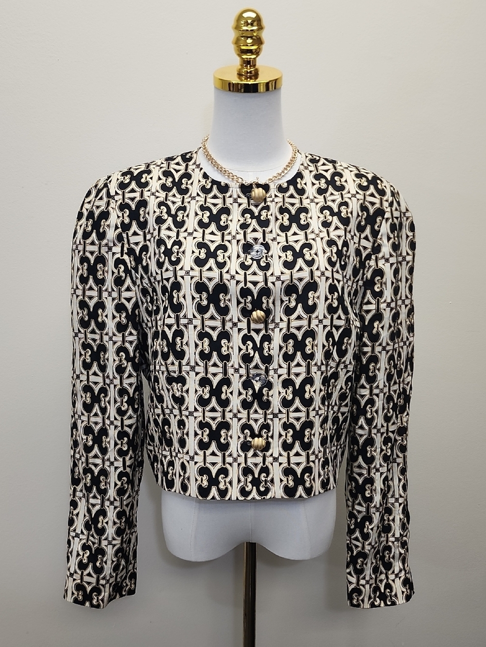 Doncaster Black Cream Geometric Cropped Blazer Size 14